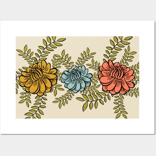 Hand-Drawn Camellia Flowers on Intertwined Vines in Mustard, Blue, and Salmon Hues Posters and Art